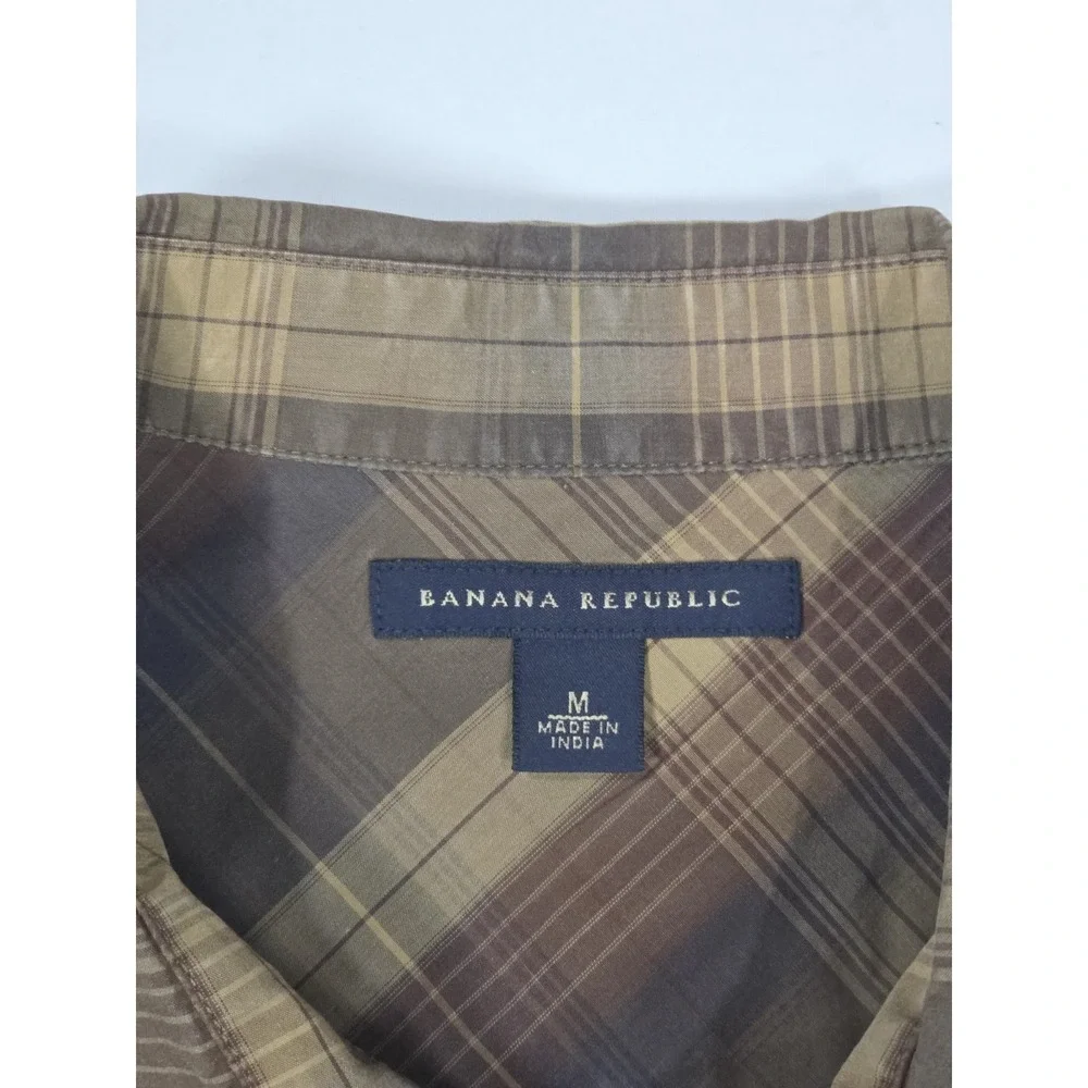 Banana Republic Western Shirt Mens M Brown Plaid Pearl Snap Short Sleeve Classic